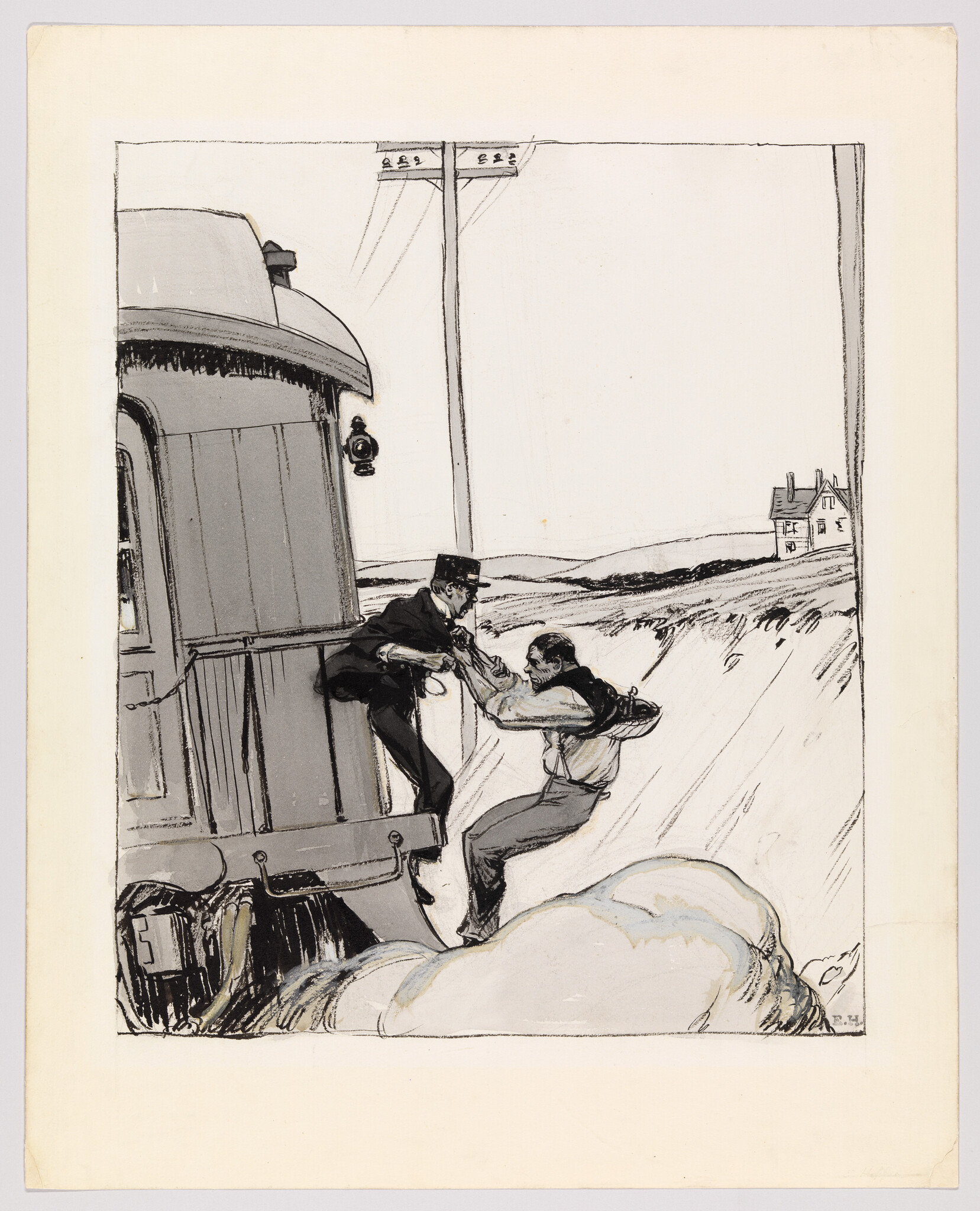 A conductor pulls a struggling man up onto a moving train from a snowbank.
