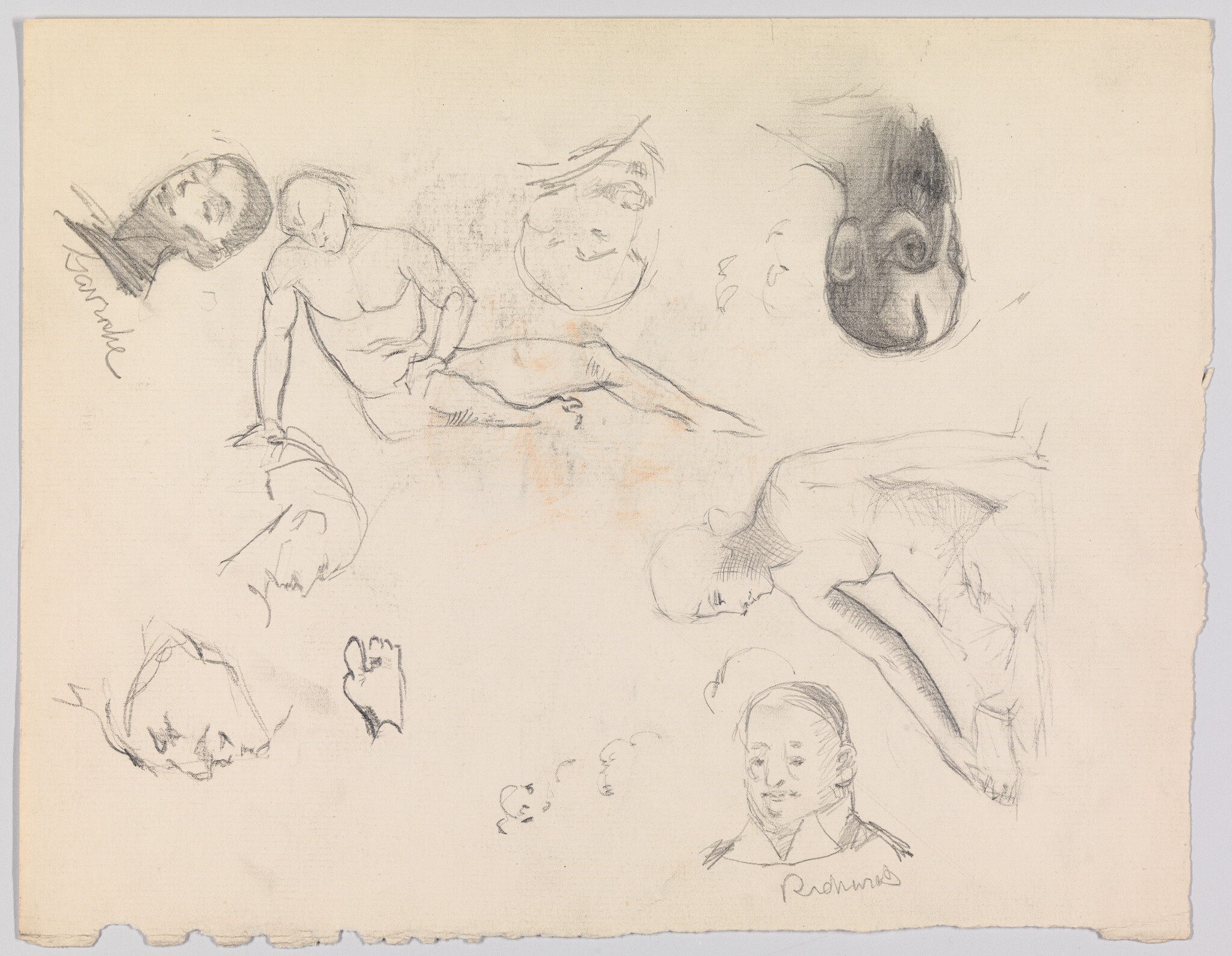 Several quick pencil sketches of male figures and heads arranged across a sheet of paper.