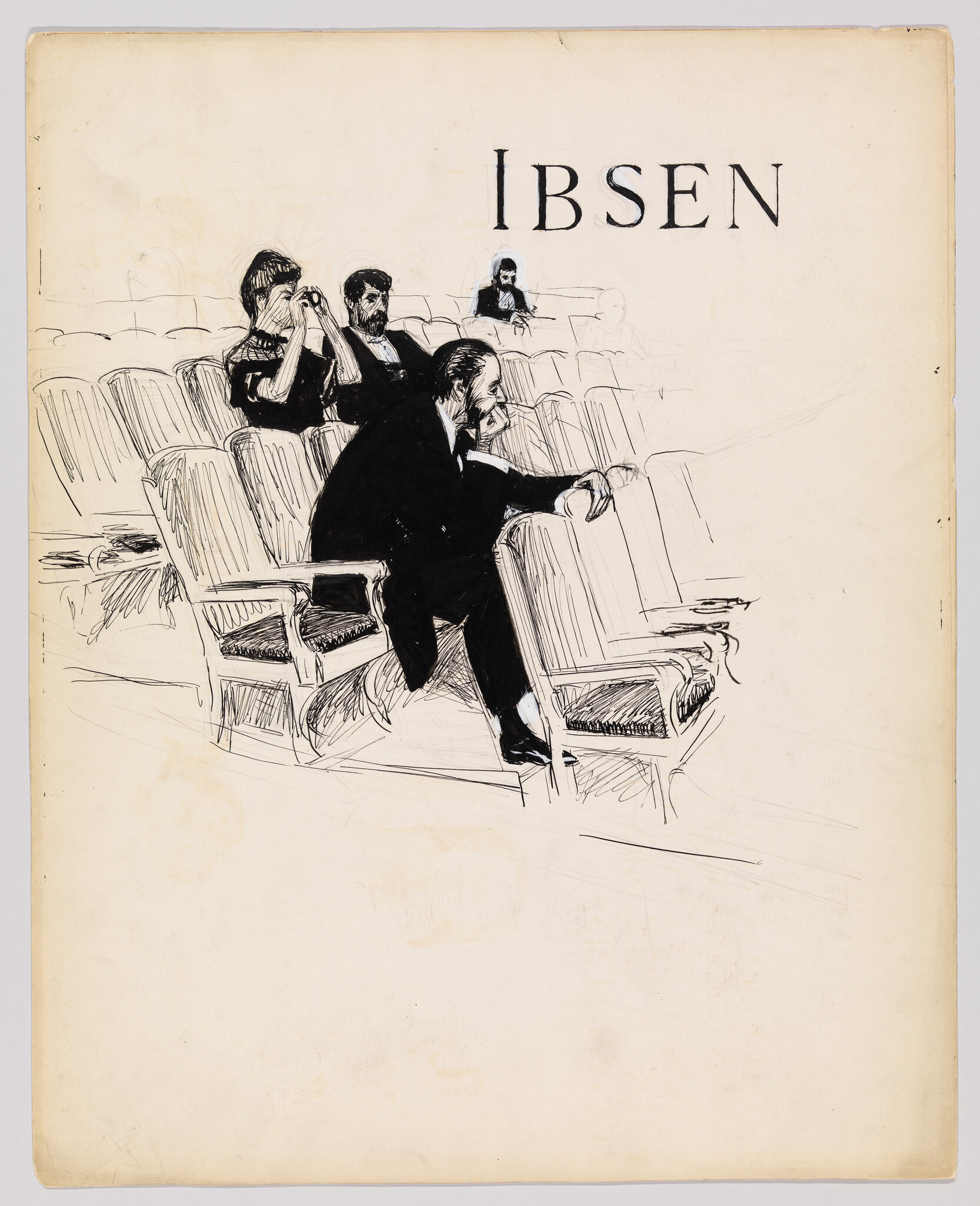 A man sits leaning forward in empty theater seats while "Ibsen" appears above.