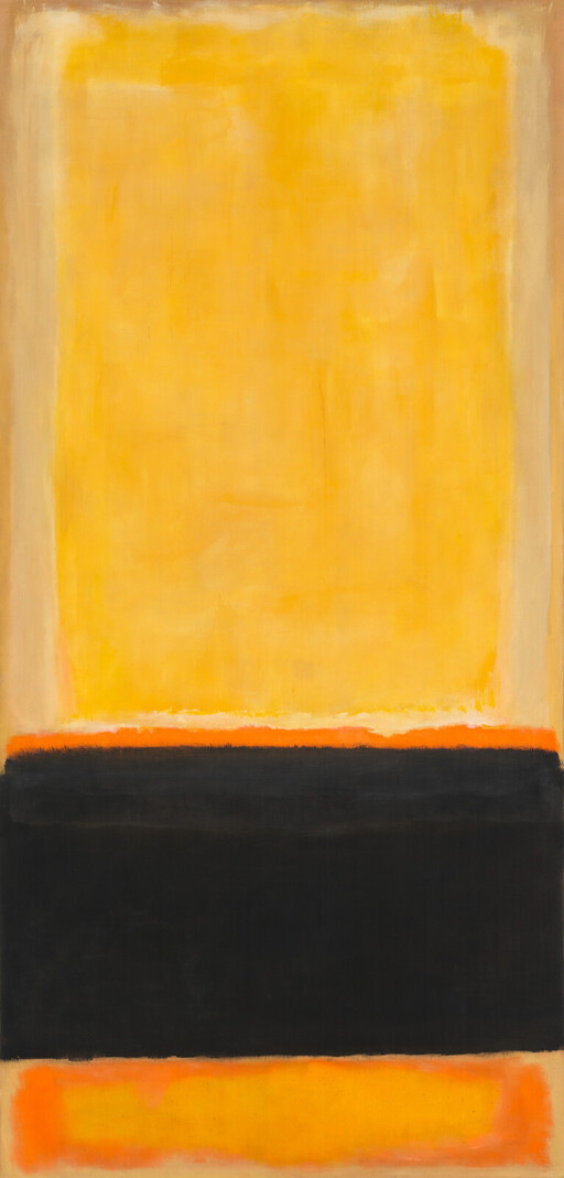 A large abstract painting with a tall yellow field above a wide black horizontal band and orange accents.