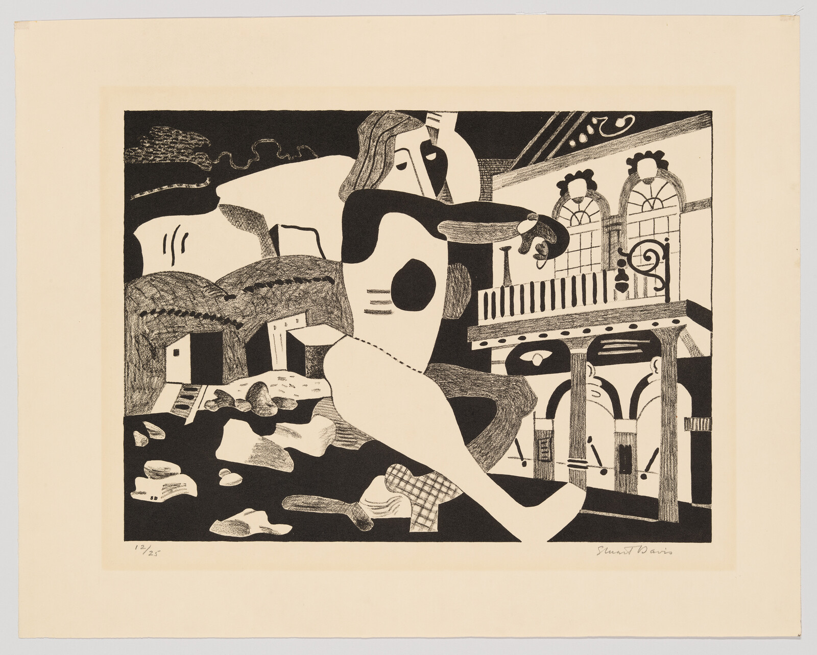 A stylized figure sits and plays a guitar amid terraces and arched building details.