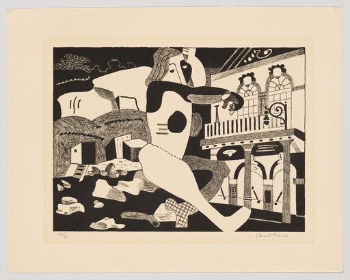 A stylized figure sits and plays a guitar amid terraces and arched building details.