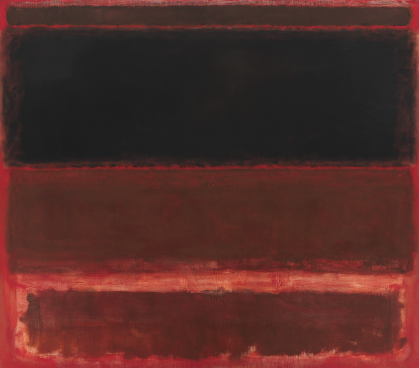 Four horizontal bars, varied in width with soft edges, stack against a deep red background. Three of the bars are a brownish red, while the thickest bar, second from the top, is black.