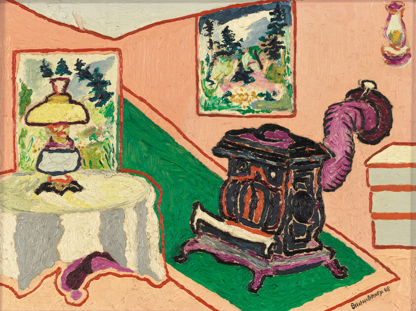 A colorful interior with an ornate black and purple wood stove connected to a pink wall vent.