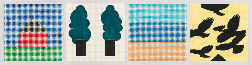 Four square panels showing a red house, two trees, a striped beach scene, and flying black birds.