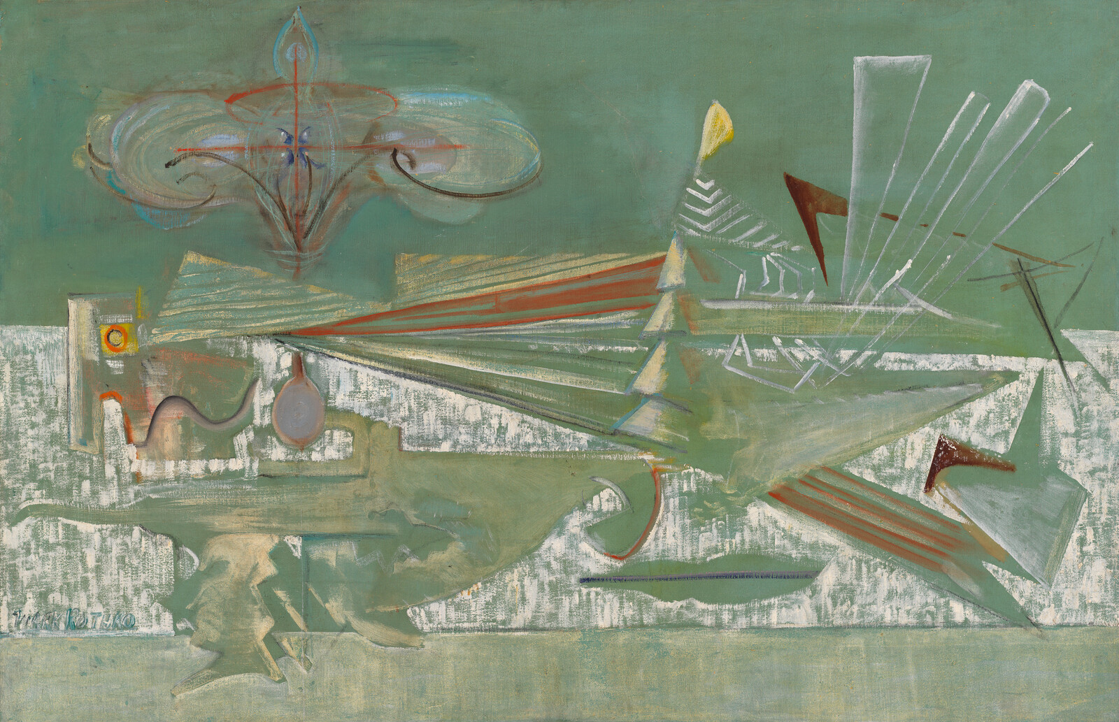 Abstract painting with geometric shapes, lines, and muted colors on a greenish background.