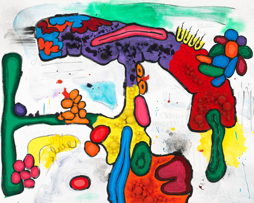 A vibrant and abstract painting featuring a variety of shapes and colors, including green, red, yellow, and blue. The composition is dynamic, with elements that resemble flowers, dots, and squiggly lines, creating a playful and energetic visual experience. The artwork is signed and dated October 1991.
