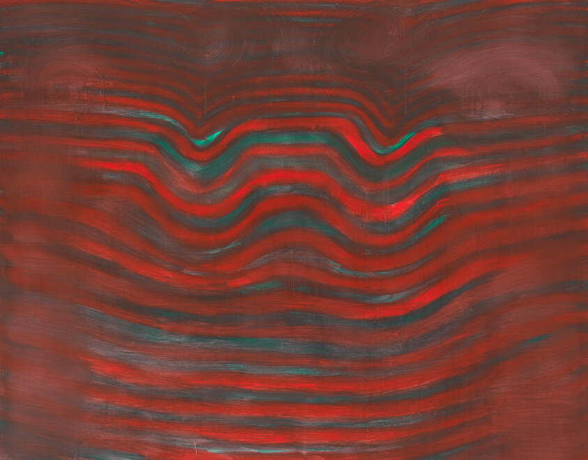 Red and teal horizontal waves ripple across the canvas, creating a layered, undulating striped pattern.