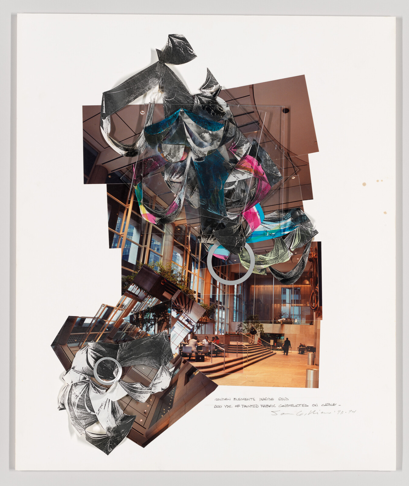 Collage showing a modern lobby with large colorful hanging sculptural ribbons and staircase seating.