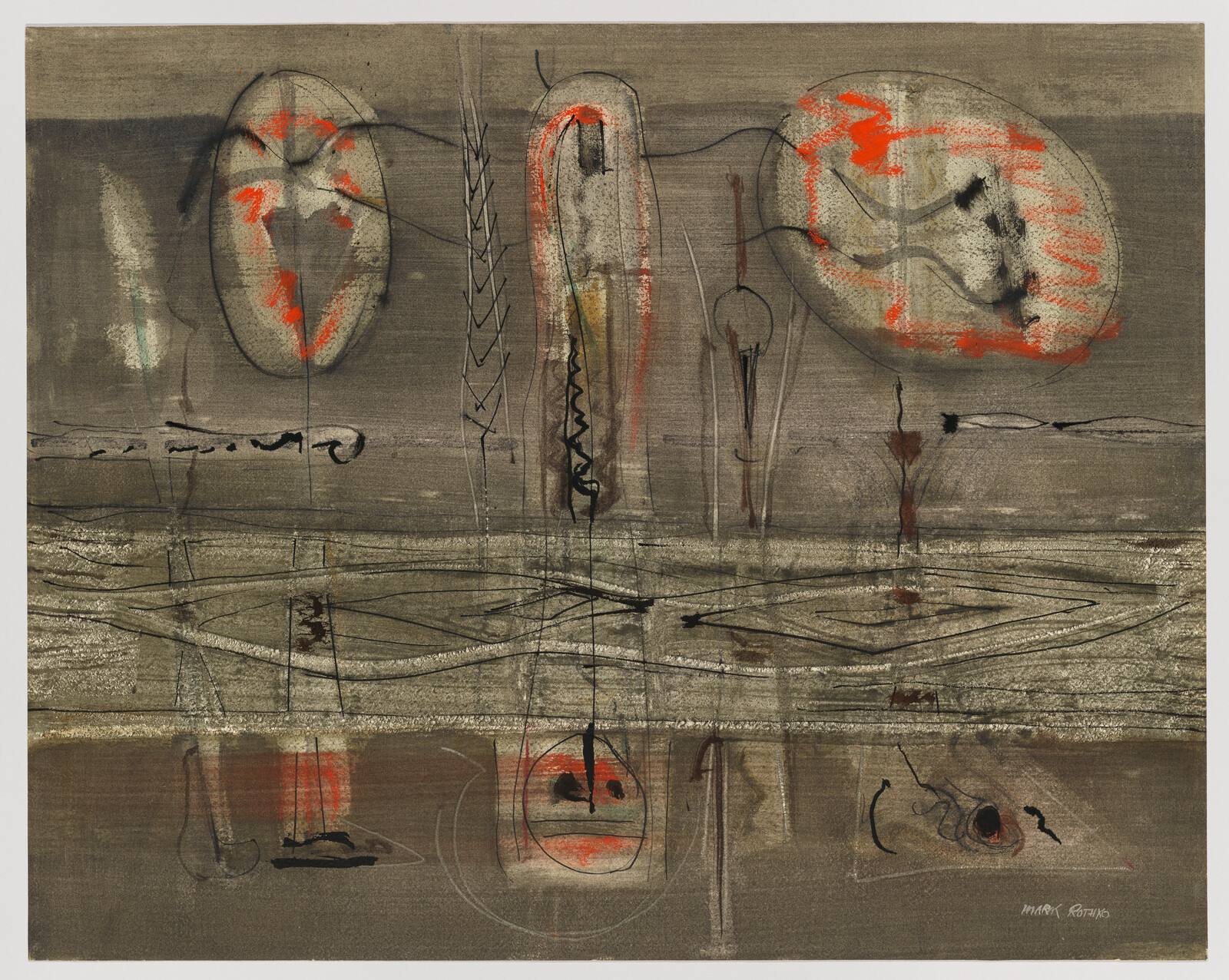 Three tall abstract ovals with red accents hover over a textured horizontal band and reflection.