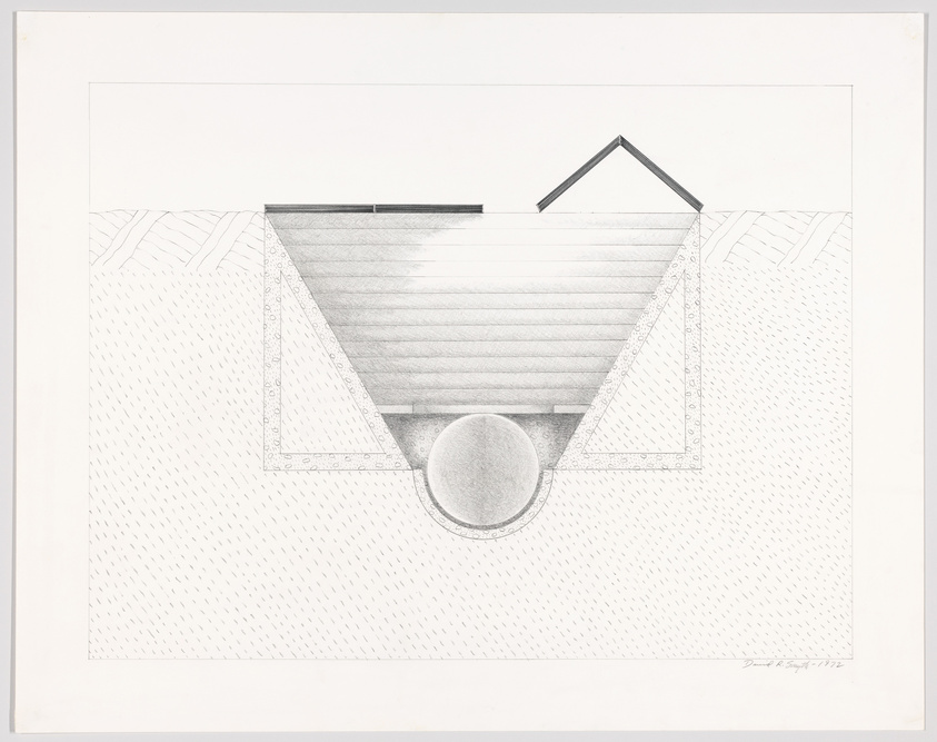 Pencil drawing of an abstract architectural design featuring a symmetrical composition with a central circular form at the bottom, flanked by two triangular patterns with hatched lines, and a rectangular structure with horizontal lines at the top, all beneath a simple pitched roof outline.