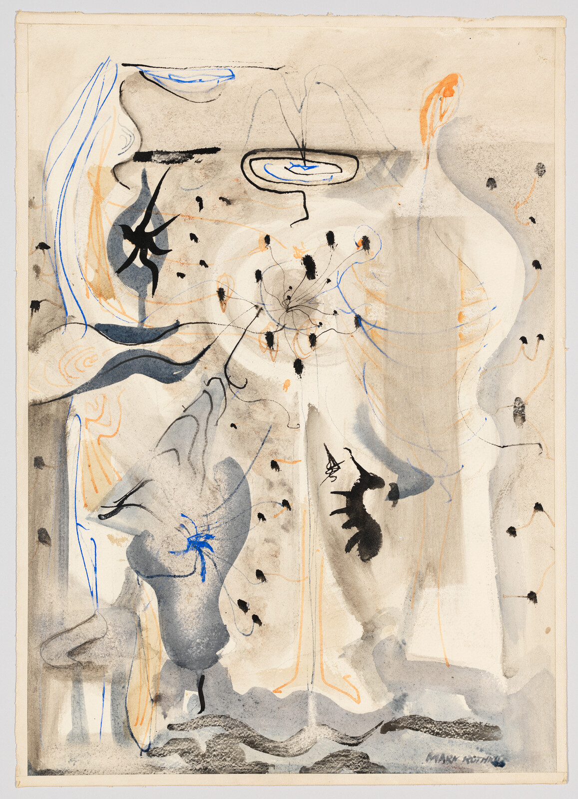 Abstract painting showing swirling ink spots, delicate blue and orange lines, and soft gray washes.