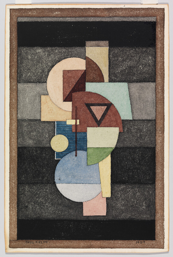 Stacked geometric shapes and muted color blocks form a vertical abstract composition.