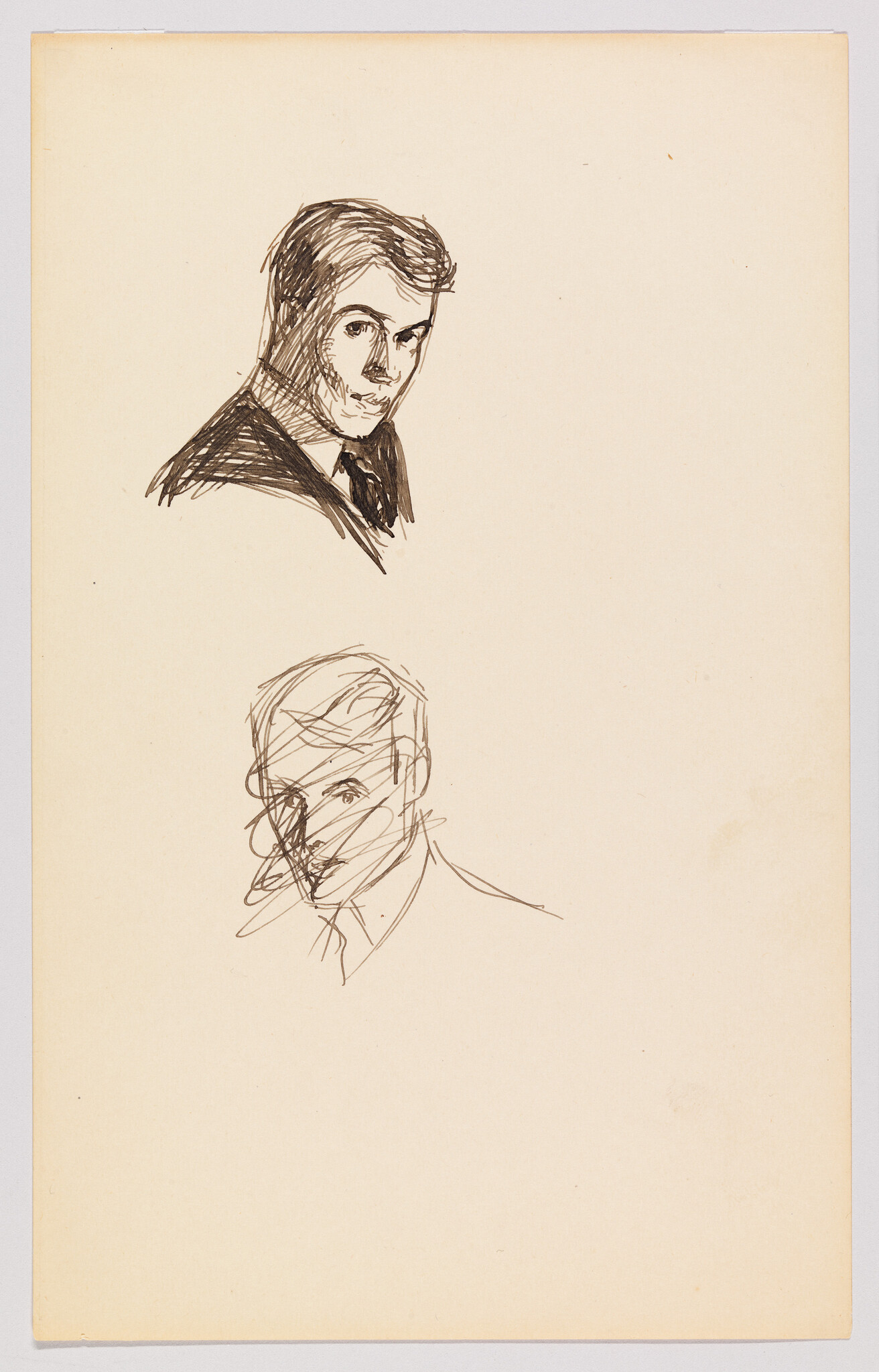 Two quick ink sketches of a man's head and shoulders on blank cream paper.
