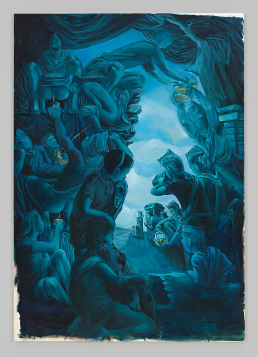 Figures in blue tones hold small lanterns while peering toward a bright opening with distant structures.