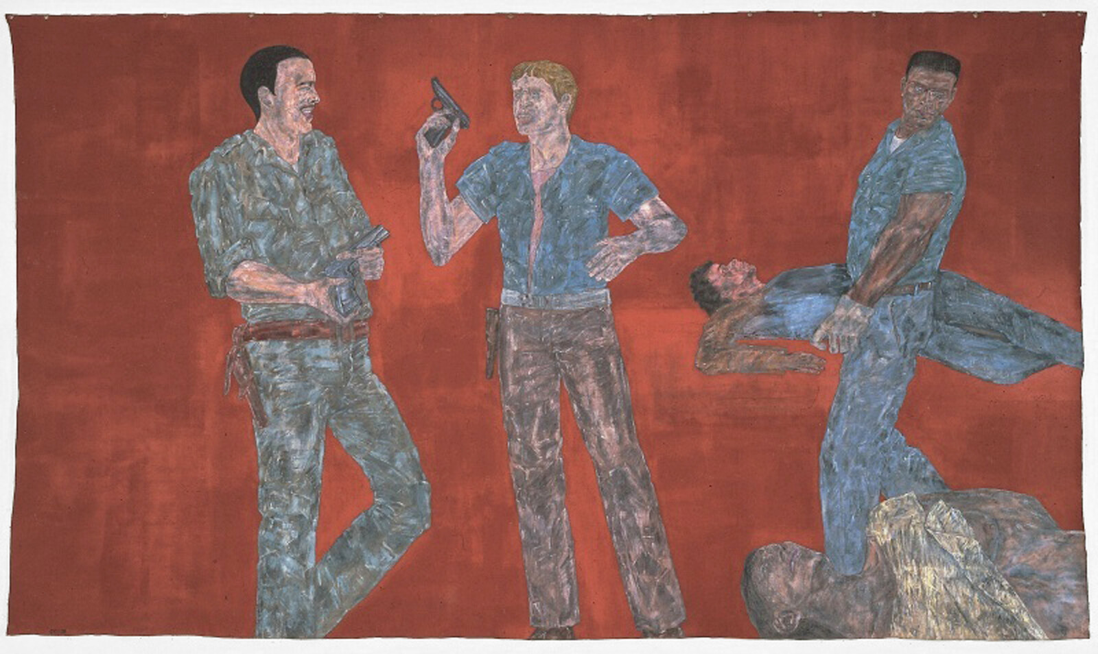 Three men stand with guns while another man carries an unconscious person against a red background.