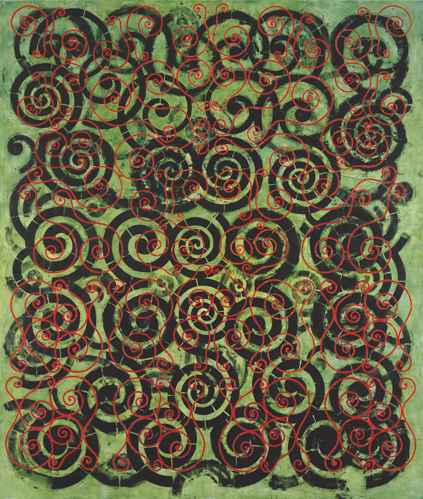 Dense overlapping black and red spiral patterns cover a textured green background in a repeating grid.