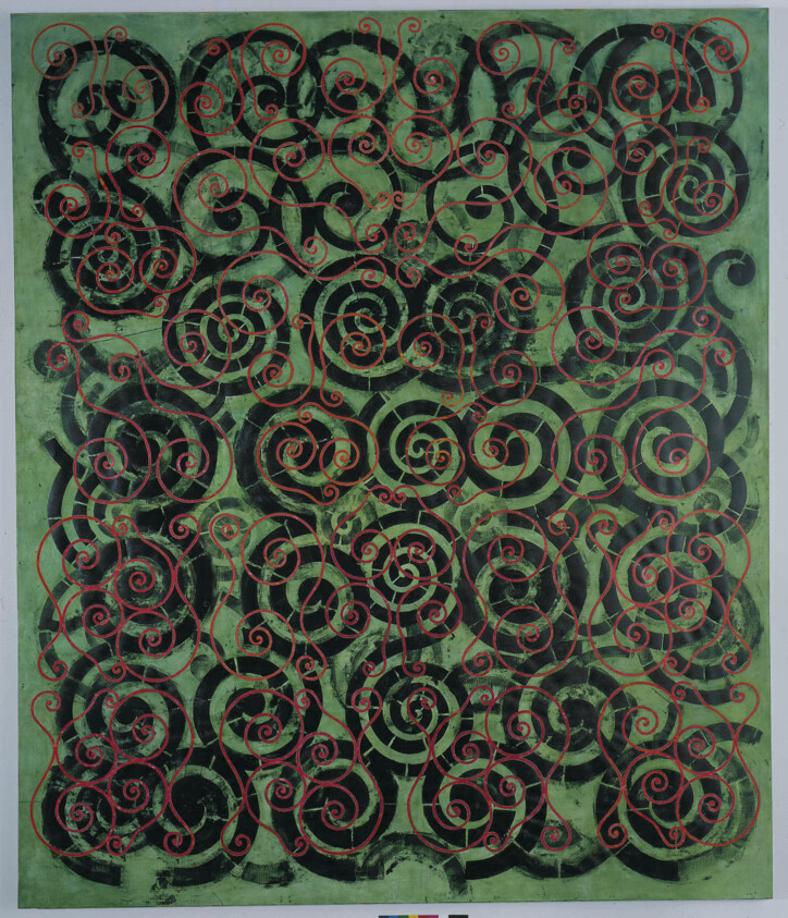 Dense overlapping black and red spiral patterns cover a textured green background in a repeating grid.