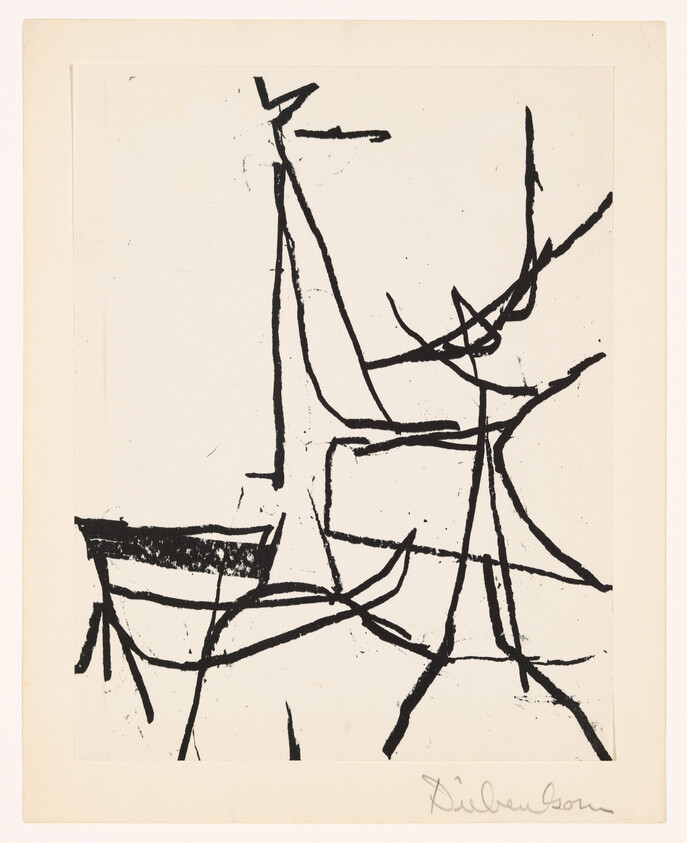 Abstract black ink lines form boat-like shapes and tall vertical strokes on a white background.