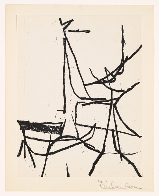 Abstract black ink lines form boat-like shapes and tall vertical strokes on a white background.