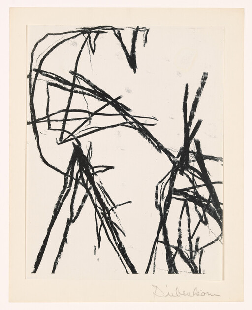 Abstract black ink lines forming angular shapes on white paper with artist signature Diebenkorn.