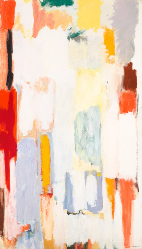 Abstract painting with vertical blocks of bright reds, yellows, blues, and soft pastel brushstrokes.