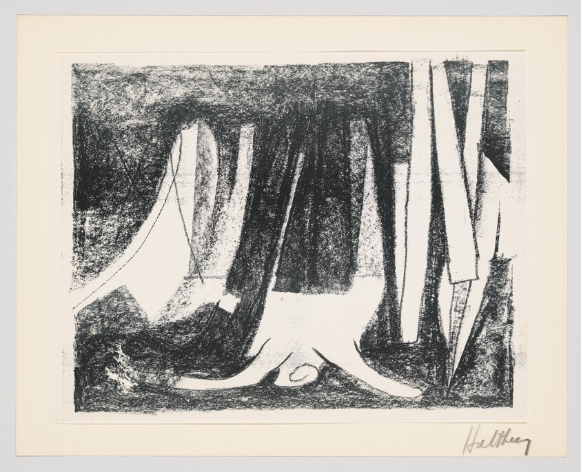Abstract black-and-white print showing a tree stump in a dark forest with tall vertical trunks.