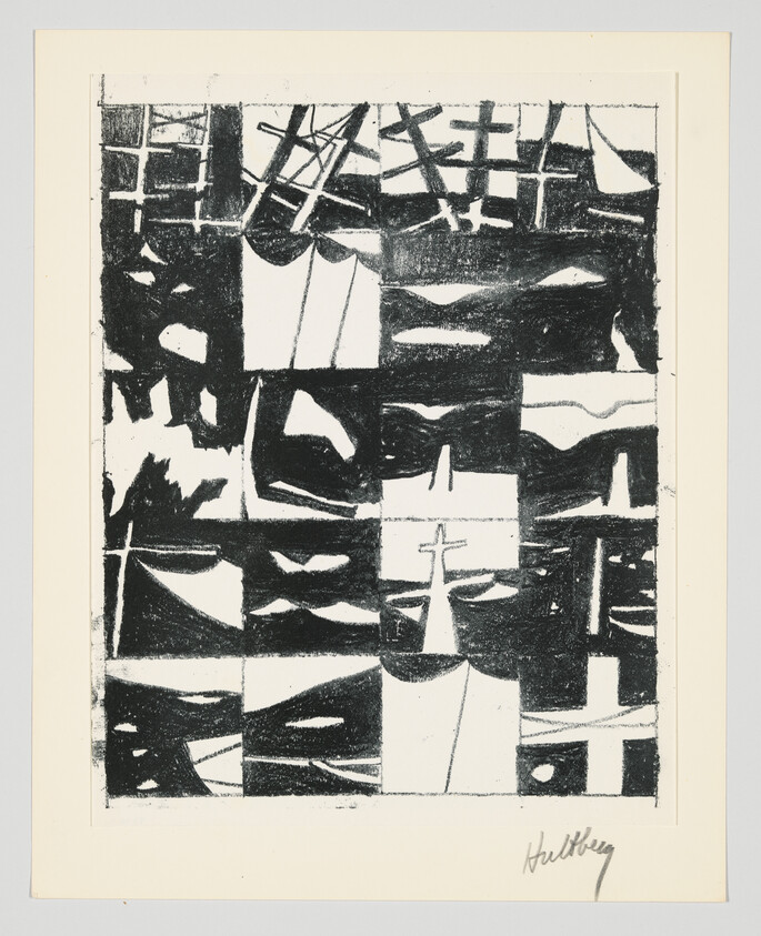 Abstract black-and-white print showing a grid of geometric shapes and cross-like forms.