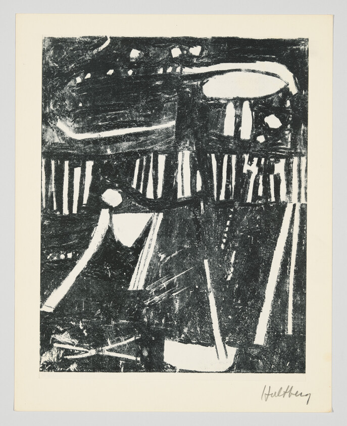 Abstract black-and-white print with vertical bars, angled lines, and an oval shape at top right.