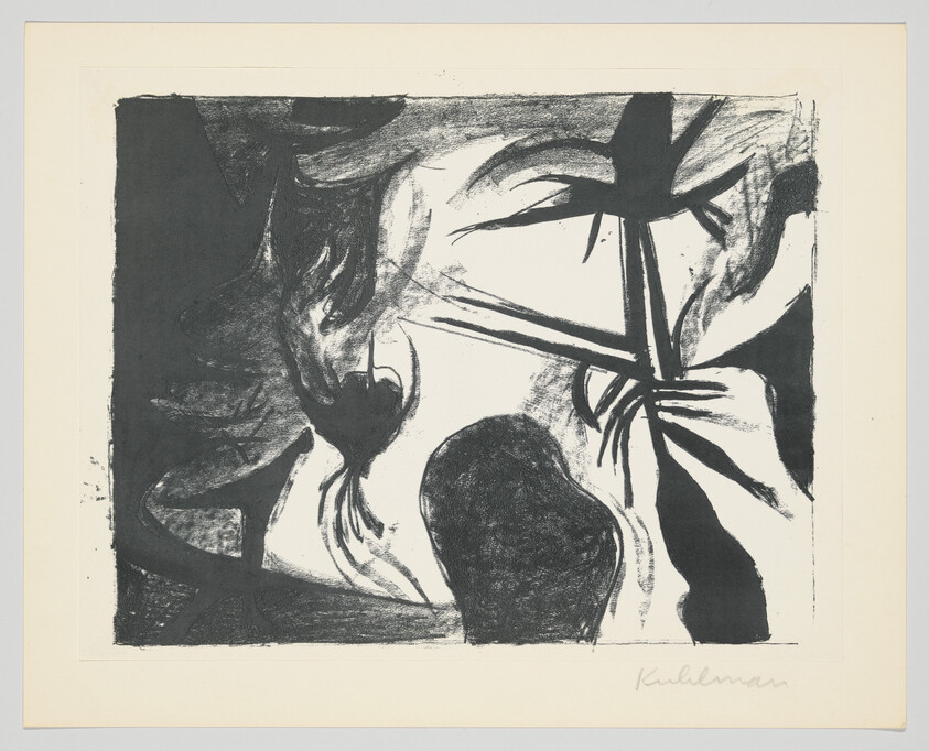 Abstract black-and-white print showing a silhouetted figure facing large spiky plant leaves.