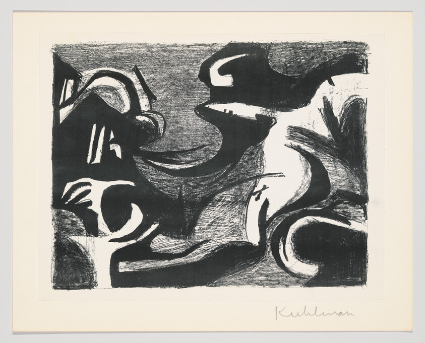 Abstract black-and-white print with bold swirling shapes and contrasting light and dark areas.