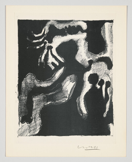 Abstract black-and-white print showing shadowy human silhouettes interacting with flowing organic shapes.
