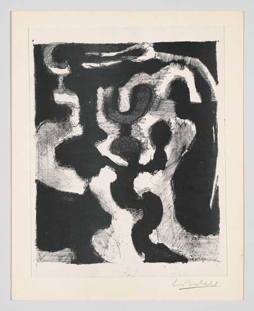 Abstract black-and-white composition showing flowing, interlocking organic shapes with textured shading.