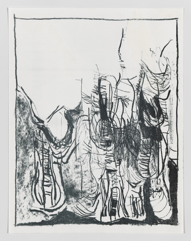 Abstract black ink drawing showing tall tangled organic shapes and lines across a white background.