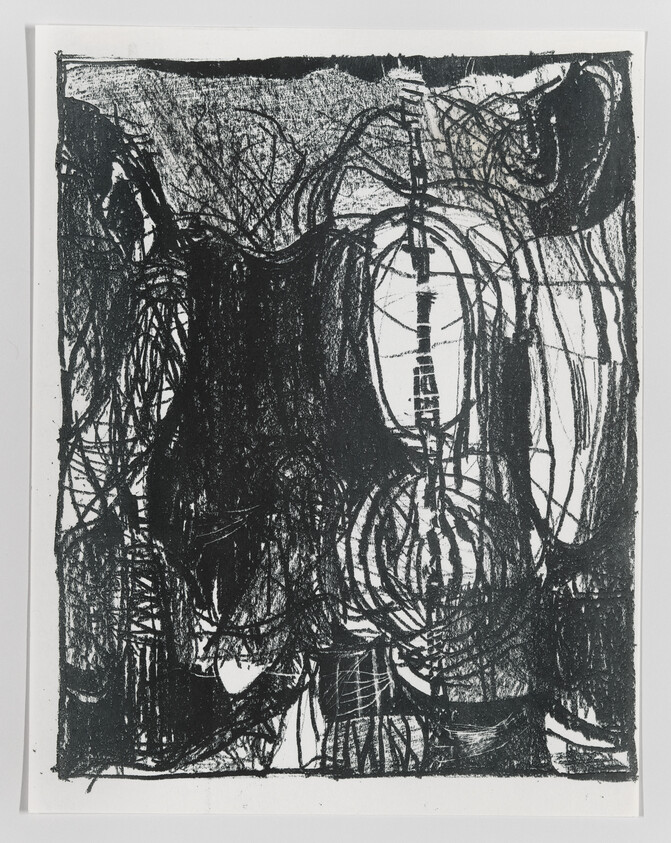 Abstract black-and-white drawing with dense scribbles and circular shapes filling the page.