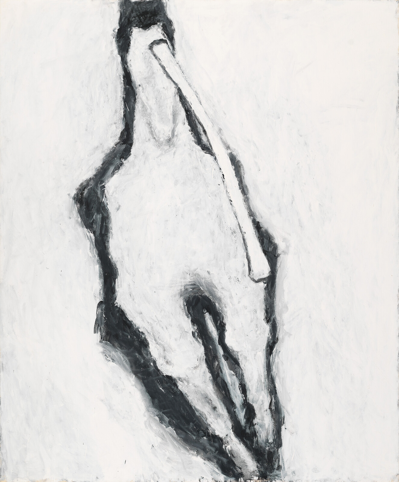Large abstract black-and-white painting suggesting a worn animal skull or bone shape.