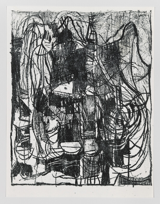 Abstract black-and-white drawing with dense, tangled lines and overlapping organic shapes.