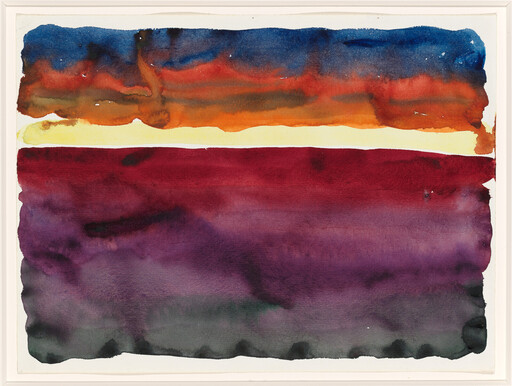 Broad horizontal watercolor bands in deep blue, orange, yellow, red, and purple creating layered composition.