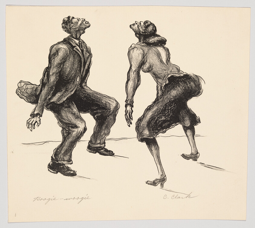 A sketch of two figures dancing, with the man on the left wearing a suit and the woman on the right in a dress, both in dynamic, leaning poses with their heads tilted back and limbs extended, suggesting movement. The image is signed "Boogie-woogie" on the left and "C. Clark" on the right.