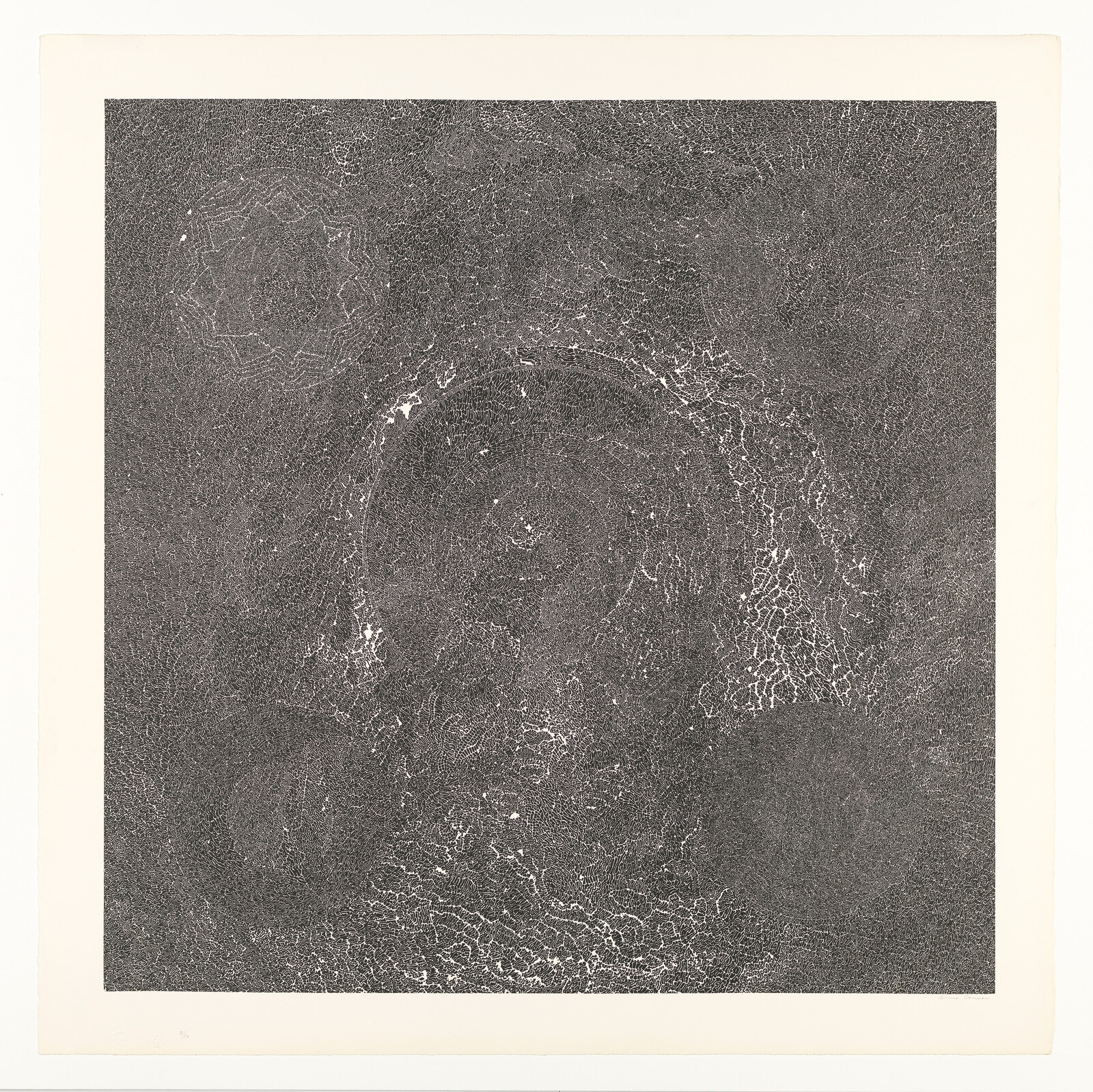 Abstract black-and-white print showing concentric circular patterns and intricate textured lines across the page.