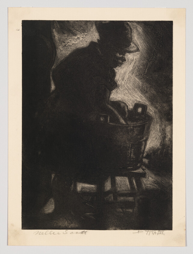 A silhouetted woman leans over a wooden cradle, gently tending a sleeping baby.