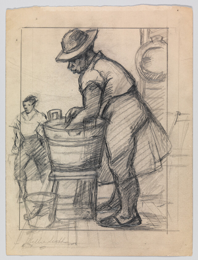 A woman wearing a hat leans over a tub washing clothes while another woman watches.