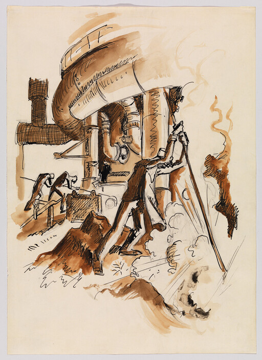 Workers operate a large steam-powered machine, one man pulling a lever amid smoke and steam.