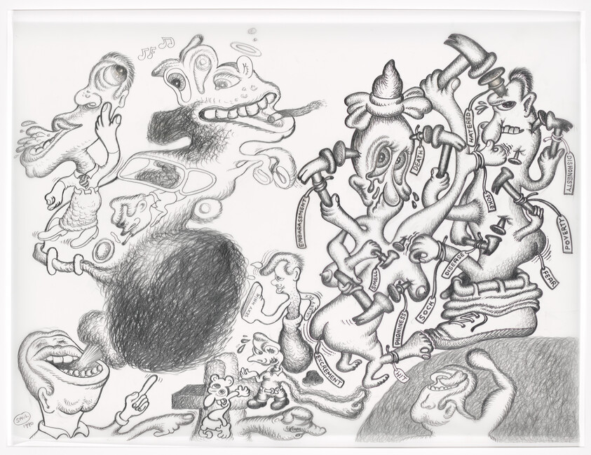 A central creature is hammered by floating hammers labeled with problems like debt, poverty, fear, and sickness.