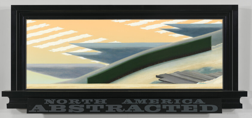 A framed artwork depicting an abstract landscape with geometric shapes representing fields and sky in shades of green, blue, beige, and white, with the title "NORTH AMERICA ABSTRACTED" on the frame's lower ledge.