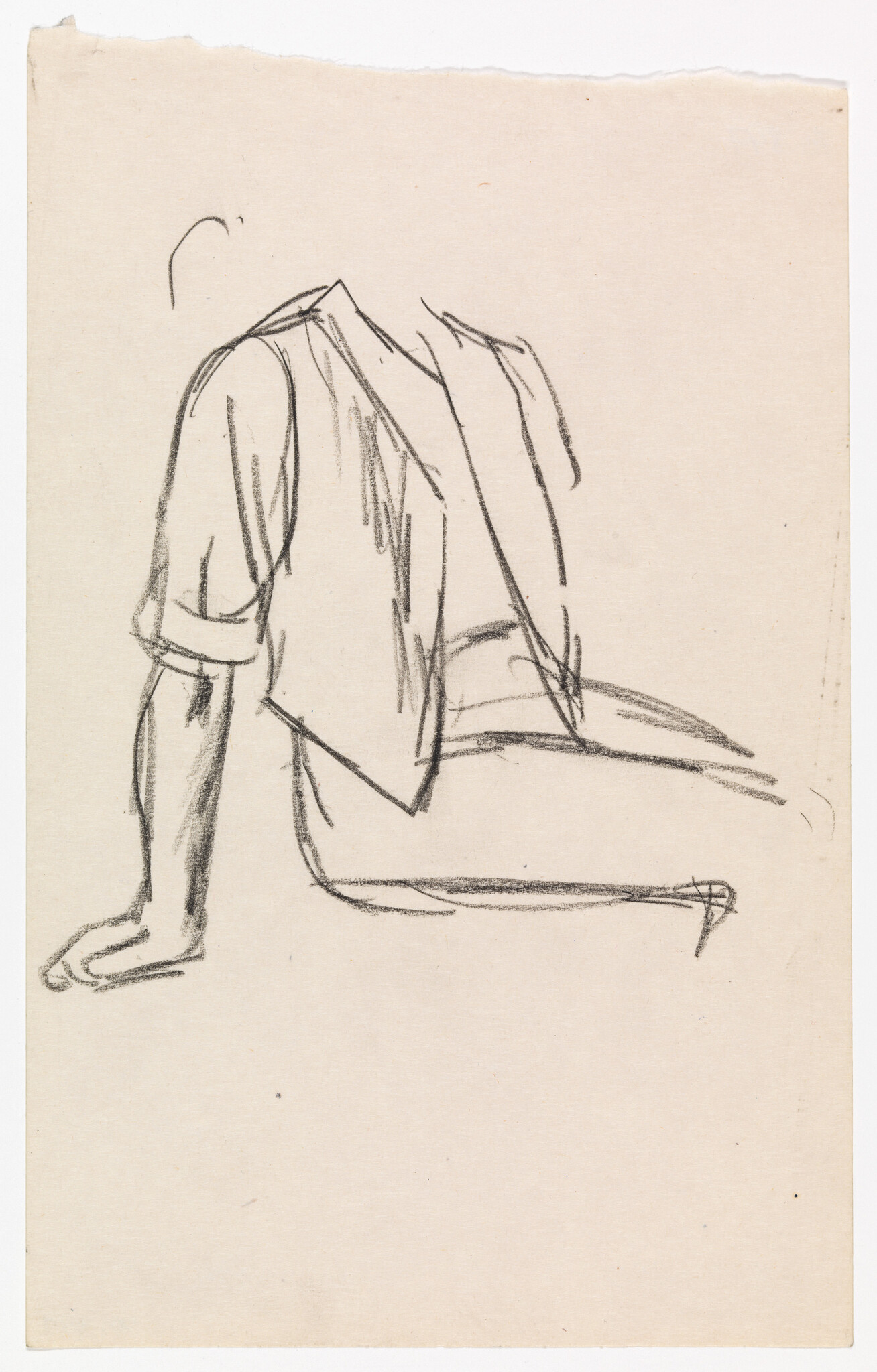 Sketch of a person viewed from behind, sitting on their heels with their upper body leaning forward and arms resting on their thighs. The drawing is minimalistic with loose lines and appears unfinished, on a slightly aged paper with rough edges.