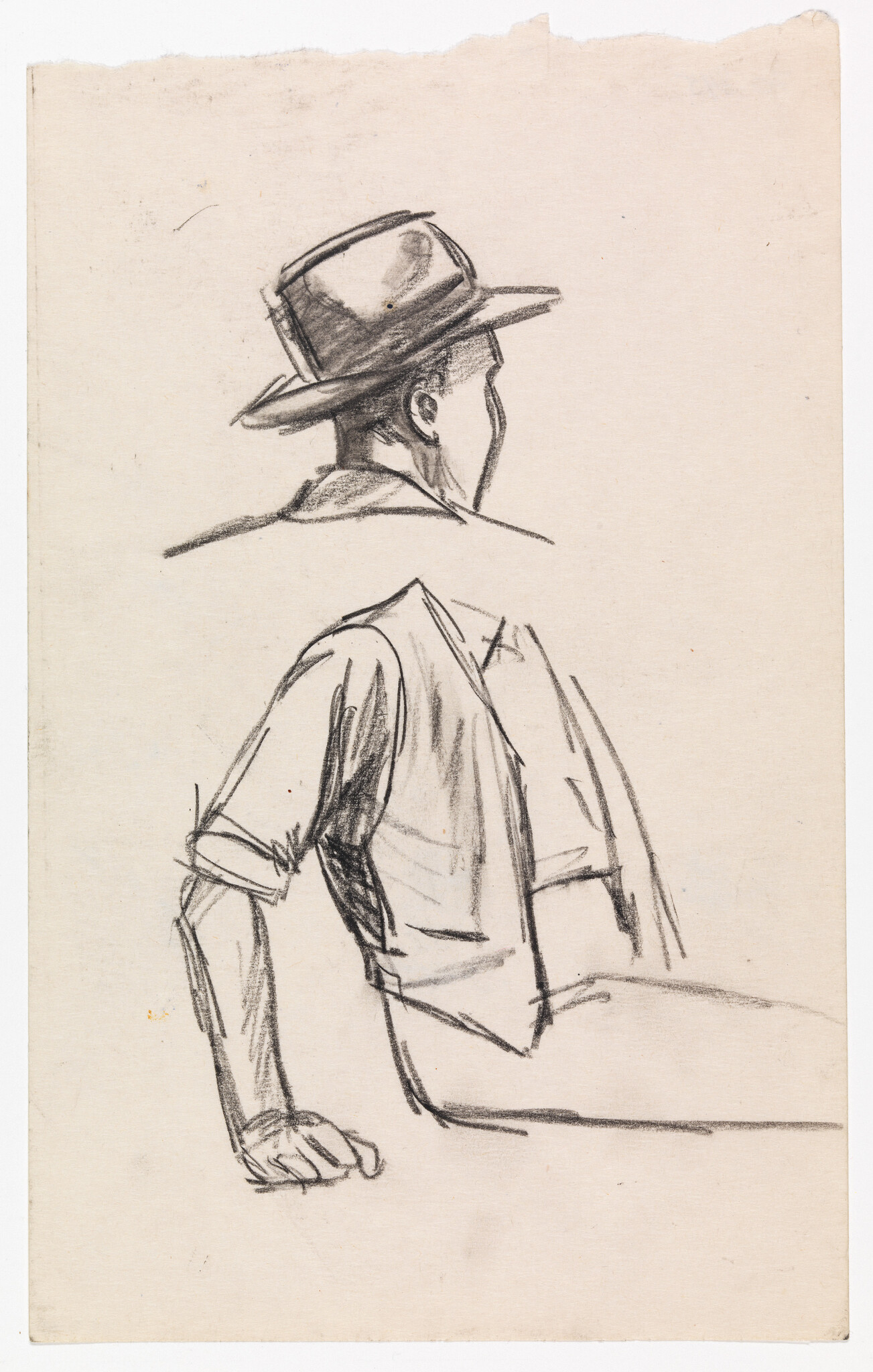 Sketch of a person in profile view wearing a hat and a suit with the arm resting on a surface, drawn in charcoal on a textured paper.