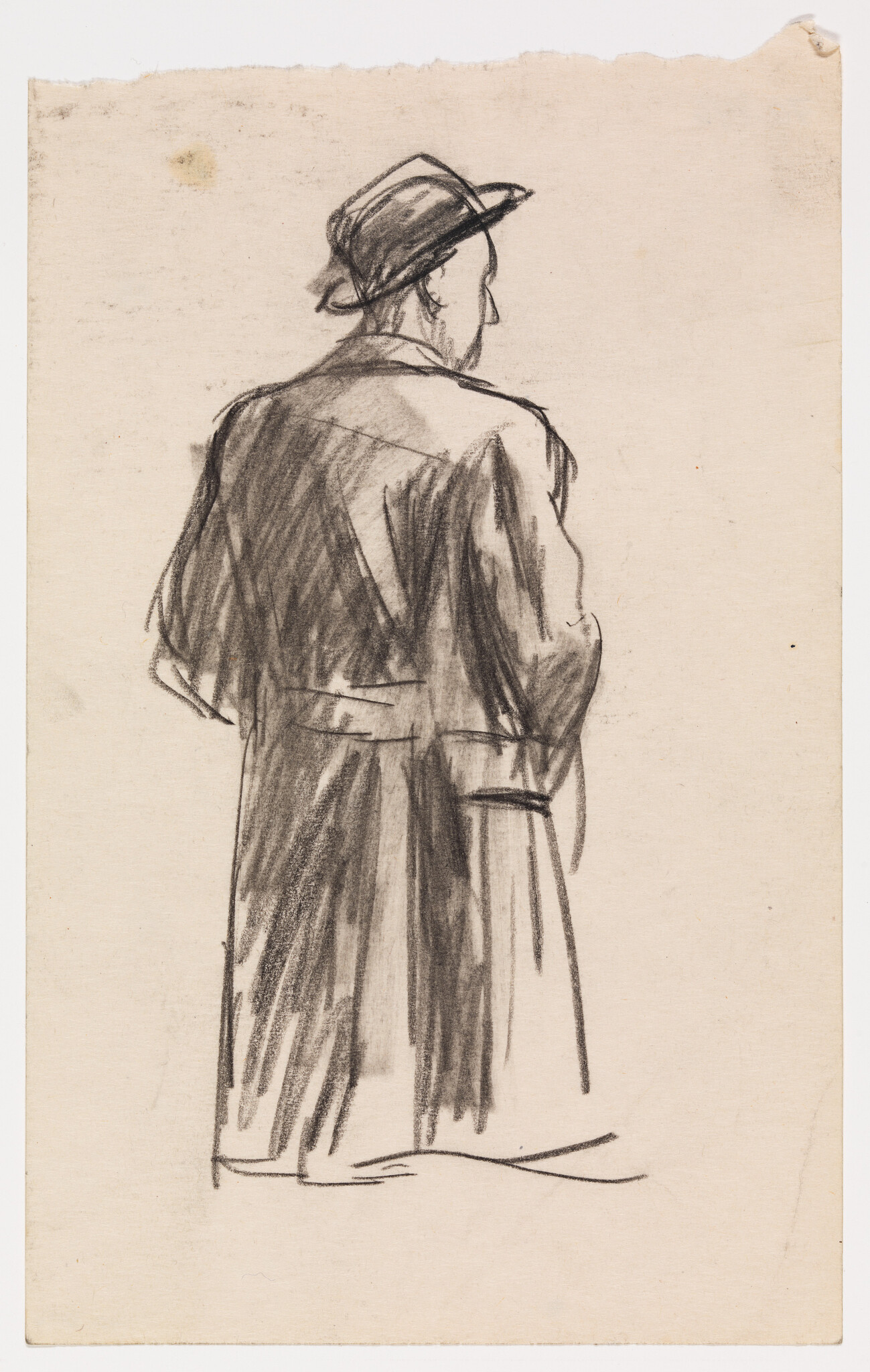 A sketch of a person viewed from behind, wearing a wide-brimmed hat and a long coat, on a beige paper with visible age spots and slight tears on the edges.