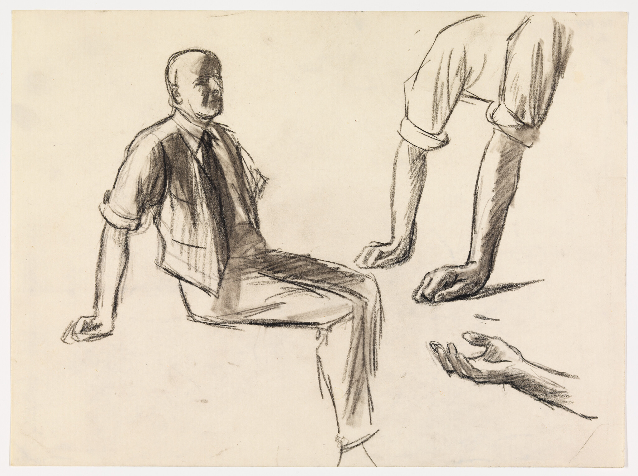 A sketch on paper depicting a seated man in a suit with his face turned to one side, and various studies of human hands and a forearm. The drawing style is loose and expressive, with visible pencil strokes.