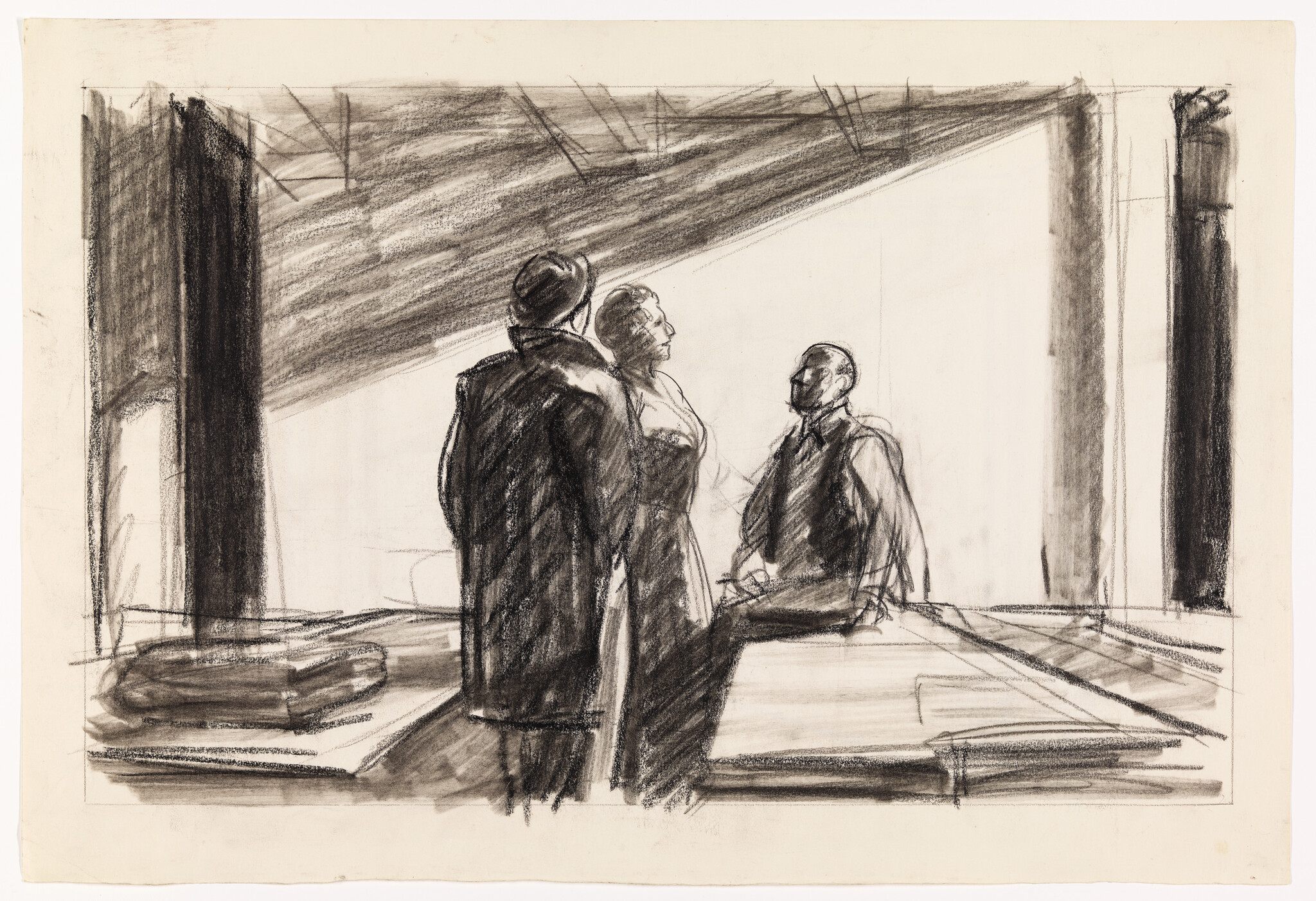 A charcoal sketch depicting three figures, possibly in a theatrical setting, with two individuals facing a third who is seated. The background suggests an interior space with strong linear elements, possibly curtains or architectural features, and the floor has sketchy horizontal lines. The figures are rendered with expressive strokes, emphasizing their form and posture.